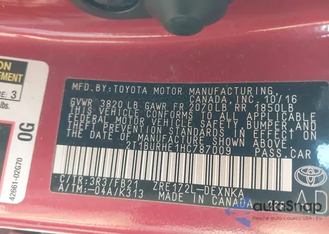 2017 Toyota Corolla Le z USA, uszkodzony, nr VIN 2T1BURHE1HC787009